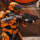 an orange spartan 7 holding an assault rifle on the halo infinite map bazaar